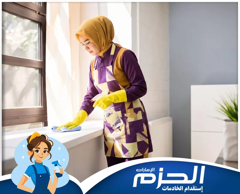 استقدام عاملات فلبينيات في راس الخيمة 0558713599 شركة الحزم عاملة تؤدي عمليات النظافة في غرفة مرتبة مع ظهور شعار الحزم.