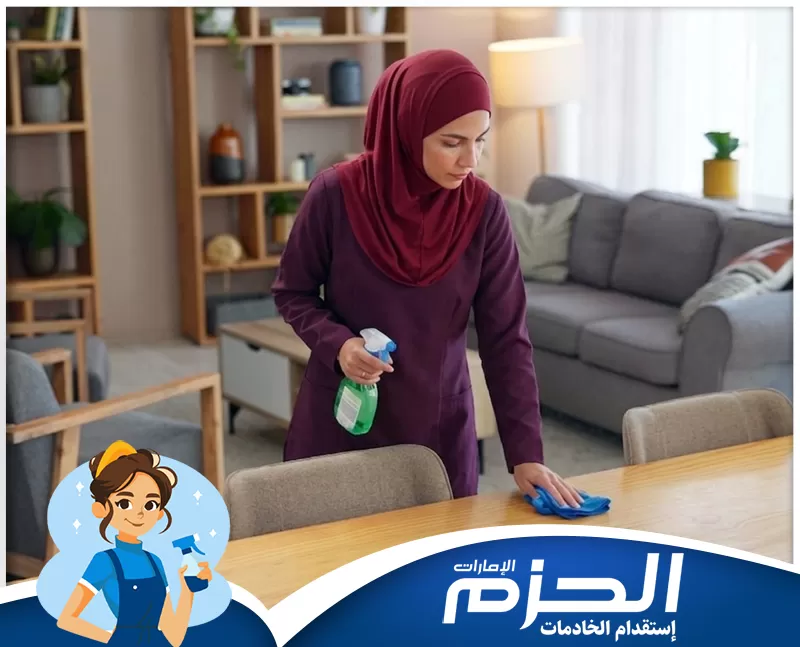 استقدام عاملات فلبينيات في عجمان 0558713599 شركة الحزم. عاملة تنظيف تمسح طاولة الطعام داخل غرفة معيشة مرتبة مع ظهور شعار الحزم